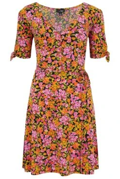 Pour Moi Bella Slinky Stretch Tie Sleeve Tea Dress - Ditsy Floral -PMoi Clothing Shop 311307 20230227143200