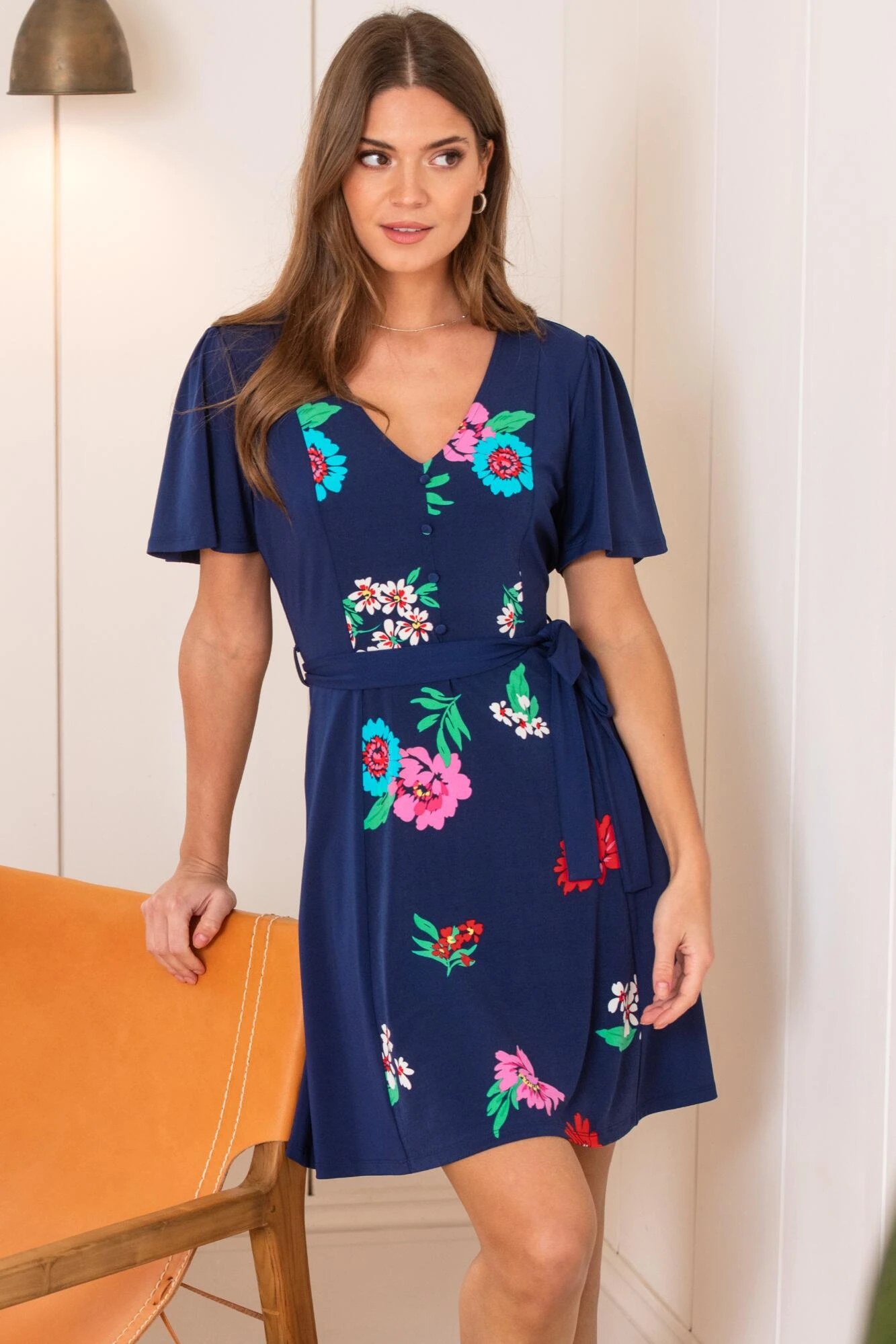 Pour Moi Priya Slinky Jersey Panel Short Sleeve Dress - Navy Floral 2 Pour Moi Priya Slinky Jersey Panel Short Sleeve Dress - Navy Floral
