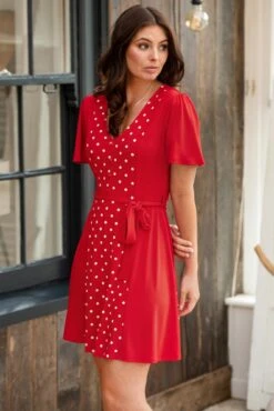 Pour Moi Priya Slinky Jersey Panel Short Sleeve Dress - Red/White -PMoi Clothing Shop 311331 20230227155800