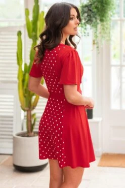 Pour Moi Priya Slinky Jersey Panel Short Sleeve Dress - Red/White -PMoi Clothing Shop 311332 20230227155800