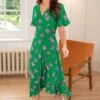 Pour Moi Megan Slinky Jersey Frill Detail Midi Wrap Dress - Green Floral