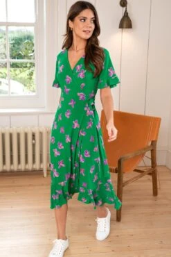 Pour Moi Megan Slinky Jersey Frill Detail Midi Wrap Dress - Green Floral