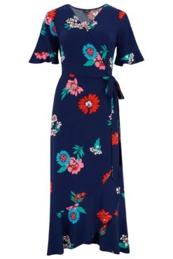 Pour Moi Megan Slinky Jersey Frill Detail Midi Wrap Dress - Navy Floral -PMoi Clothing Shop 311766 20230302113900