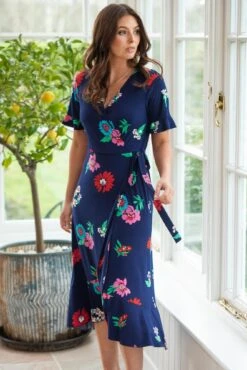 Pour Moi Megan Slinky Jersey Frill Detail Midi Wrap Dress - Navy Floral -PMoi Clothing Shop 311769 20230302113900