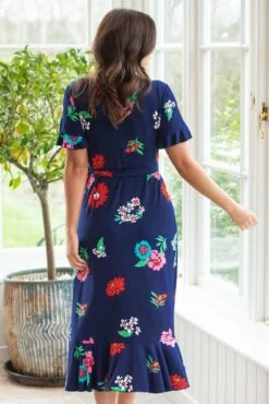 Pour Moi Megan Slinky Jersey Frill Detail Midi Wrap Dress - Navy Floral -PMoi Clothing Shop 311770 20230302113900