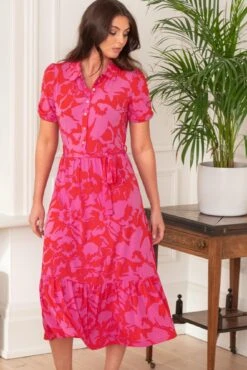 Pour Moi Jodie Slinky Jersey Tiered Midi Shirt Dress - Red/Pink -PMoi Clothing Shop 311862 20230302123300
