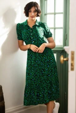 Pour Moi Jodie Slinky Jersey Tiered Midi Shirt Dress - Green Leopard -PMoi Clothing Shop 311874 20230302124500