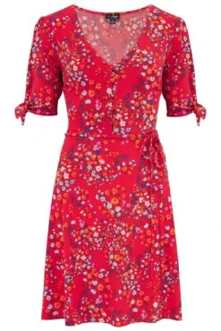 Pour Moi Bella Slinky Stretch Tie Sleeve Tea Dress - Red Floral -PMoi Clothing Shop 312024 20230302164900