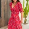 Pour Moi Bella Slinky Stretch Tie Sleeve Tea Dress - Red Floral -PMoi Clothing Shop 312025 20230302164900
