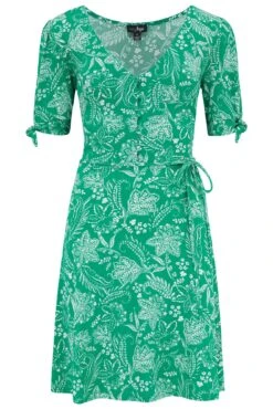 Pour Moi Bella Slinky Stretch Tie Sleeve Tea Dress - Green/White -PMoi Clothing Shop 312035 20230302165500