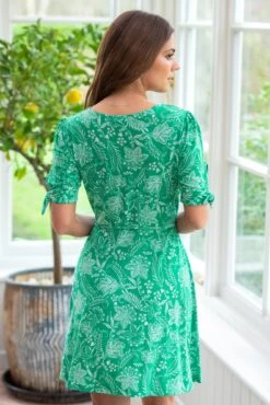 Pour Moi Bella Slinky Stretch Tie Sleeve Tea Dress - Green/White -PMoi Clothing Shop 312039 20230302165500