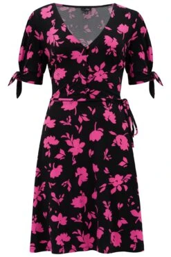 Pour Moi Bella Slinky Stretch Tie Sleeve Tea Dress - Black/Pink -PMoi Clothing Shop 312237 20230608101100