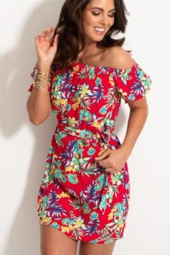 Pour Moi Woven Puff Sleeve Removable Belted Bardot Dress - Red Paisley -PMoi Clothing Shop 312267 20230519152900