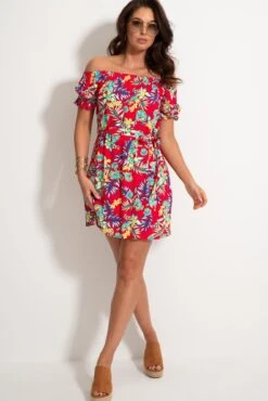 Pour Moi Woven Puff Sleeve Removable Belted Bardot Dress - Red Paisley -PMoi Clothing Shop 312268 20230519152800