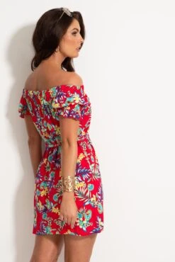 Pour Moi Woven Puff Sleeve Removable Belted Bardot Dress - Red Paisley -PMoi Clothing Shop 312269 20230519152800