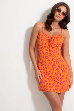Pour Moi Strappy Tie Front Jersey Mini Beach Dress - Orange/Pink