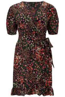 Pour Moi Kelly Woven Viscose Short Sleeve Frill Wrap Dress - Black Ditsy -PMoi Clothing Shop 312361 20230314150500