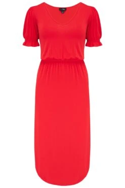 Pour Moi Jenny Puff Sleeve Stretch Midi Dress - Red -PMoi Clothing Shop 312392 20230818144200