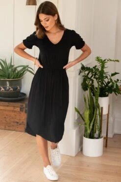 Pour Moi Jenny Puff Sleeve Stretch Midi Dress - Black -PMoi Clothing Shop 312399 20230314160600