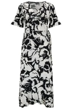 Pour Moi Megan Slinky Jersey Frill Detail Midi Wrap Dress - Mono Floral -PMoi Clothing Shop 312532 20230316153600
