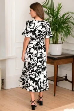 Pour Moi Megan Slinky Jersey Frill Detail Midi Wrap Dress - Mono Floral -PMoi Clothing Shop 312536 20230316153600
