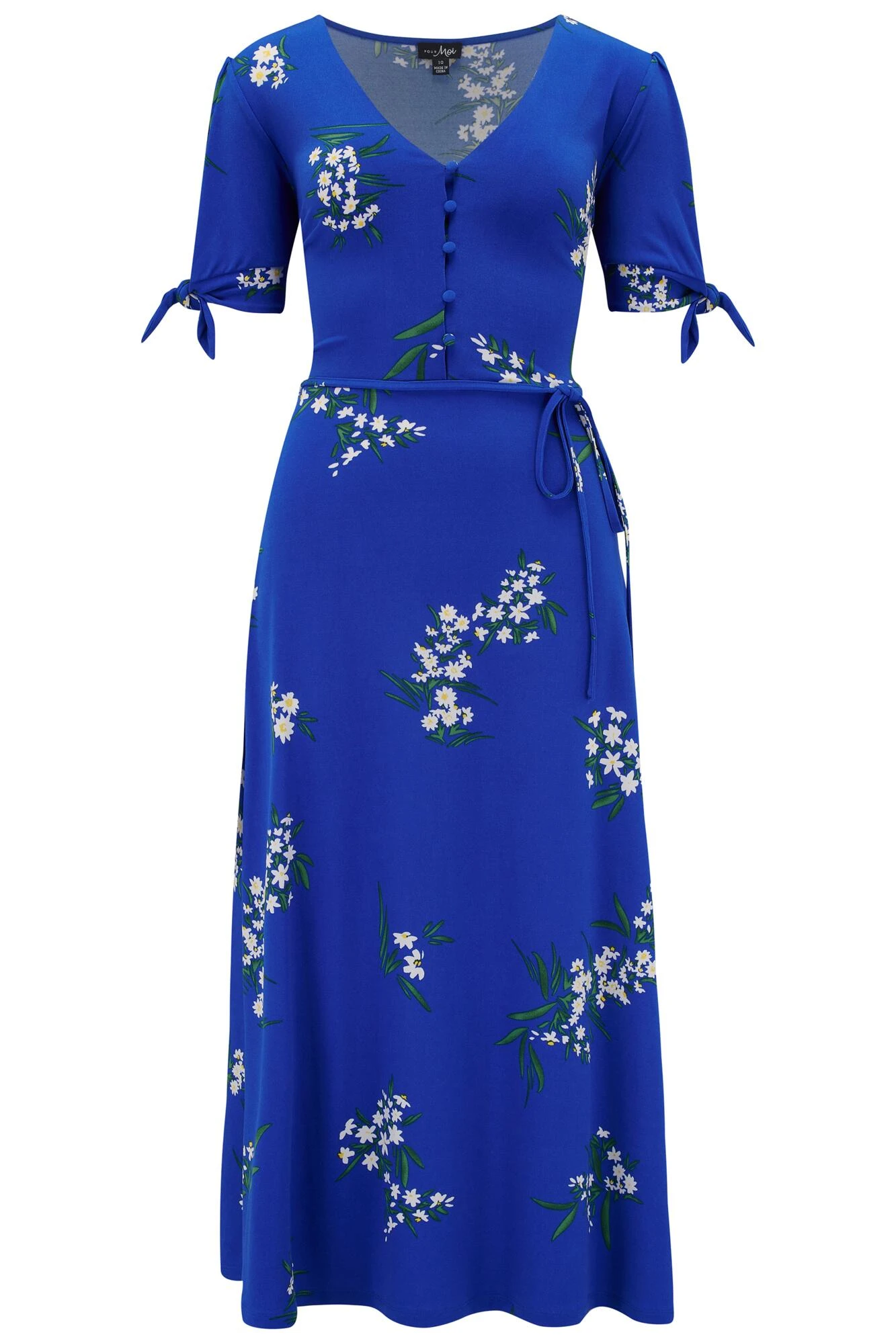Pour Moi Bella Slinky Stretch Tie Sleeve Midi Dress - Cobalt Floral 6 Pour Moi Bella Slinky Stretch Tie Sleeve Midi Dress - Cobalt Floral - Image 4