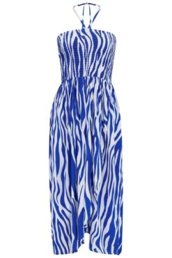 Pour Moi Halter Neck Strap Multiway Shirred Bodice Maxi Beach Dress - White/Blue -PMoi Clothing Shop 313367 20230518153900