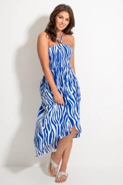 Pour Moi Halter Neck Strap Multiway Shirred Bodice Maxi Beach Dress - White/Blue -PMoi Clothing Shop 313369 20230518154000