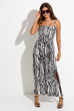 Pour Moi Strapless Shirred Split Maxi Beach Dress - Zebra