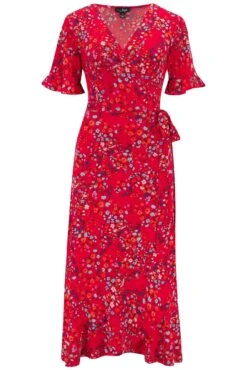 Pour Moi Megan Slinky Jersey Frill Detail Midi Wrap Dress - Red Floral -PMoi Clothing Shop 314179 20230731114900