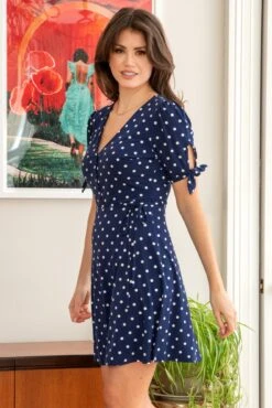 Pour Moi Bella Slinky Stretch Tie Sleeve Tea Dress - Navy/White -PMoi Clothing Shop 314365 20230602121600