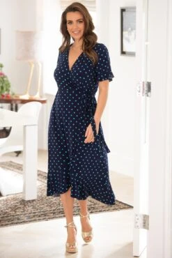 Pour Moi Megan Slinky Jersey Frill Detail Midi Wrap Dress - Navy/Aqua -PMoi Clothing Shop 315683 20230505121000