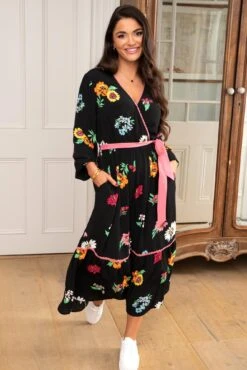 Pour Moi Amara Wrap Front Tiered Woven Midi Dress - Black Floral