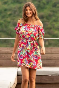 Pour Moi Woven Puff Sleeve Removable Belted Bardot Dress - Red Paisley