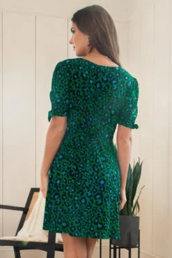 Pour Moi Bella Slinky Stretch Tie Sleeve Tea Dress - Green Leopard -PMoi Clothing Shop 318025 20230608100800