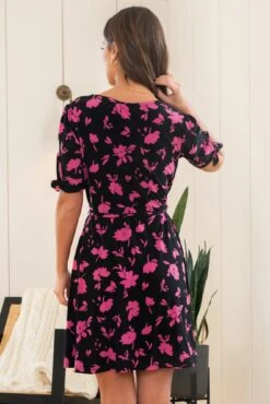 Pour Moi Bella Slinky Stretch Tie Sleeve Tea Dress - Black/Pink -PMoi Clothing Shop 318028 20230608101100
