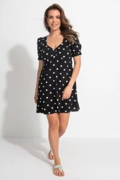 Pour Moi Shirred Back Puff Sleeve Mini Beach Dress - Mono Spot