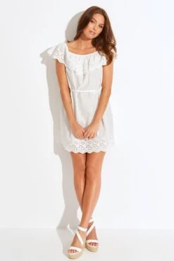 Pour Moi Cotton Broderie Bardot Mini Beach Dress - White -PMoi Clothing Shop 318972 20230818155000