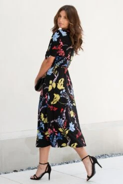 Pour Moi Bella Slinky Stretch Tie Sleeve Midi Dress - Black Floral -PMoi Clothing Shop 319841 20230731164400