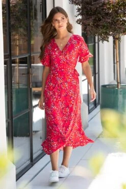 Pour Moi Megan Slinky Jersey Frill Detail Midi Wrap Dress - Red Floral -PMoi Clothing Shop 319844 20230731114900