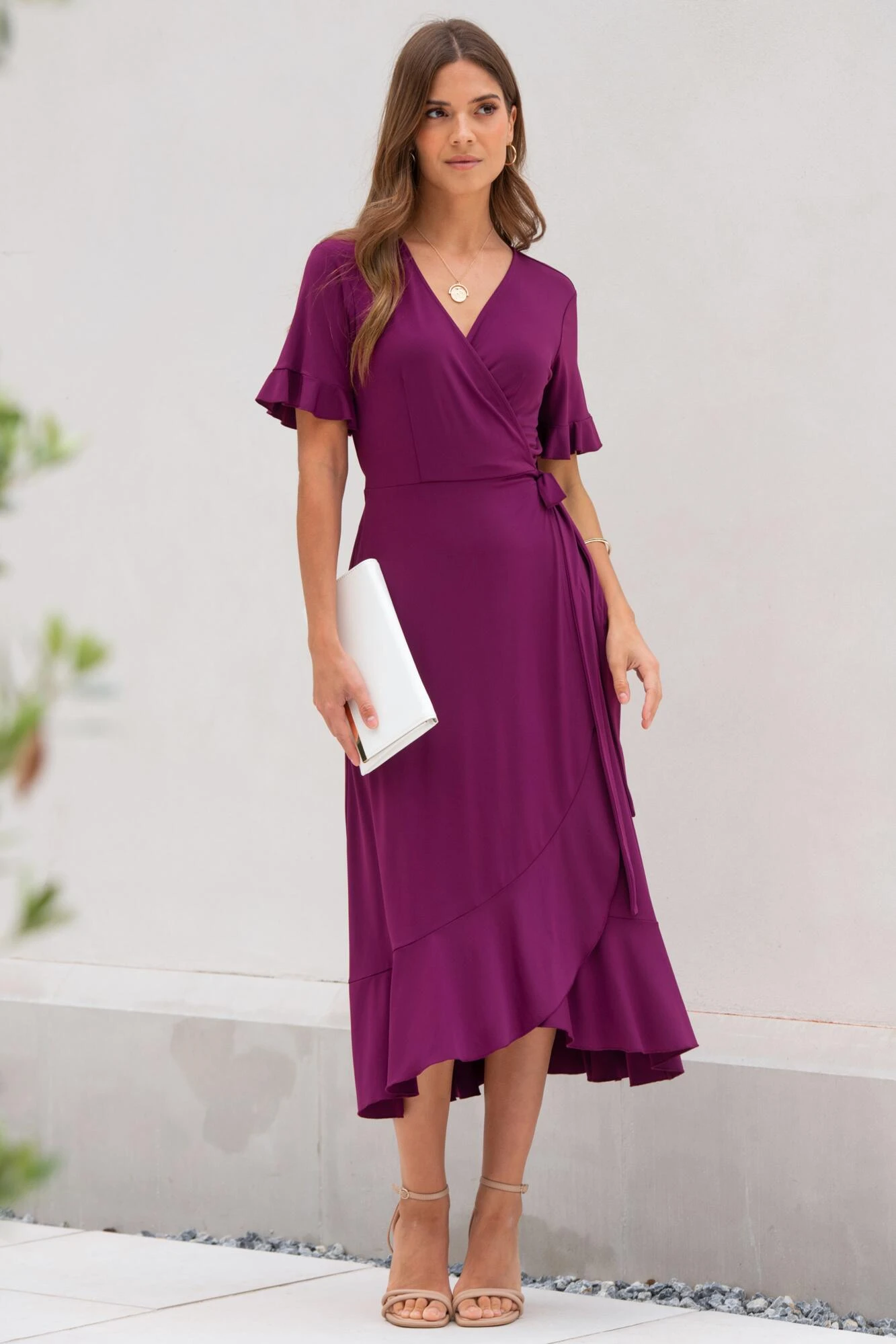 Pour Moi Megan Slinky Jersey Frill Detail Midi Wrap Dress - Grape 3 Pour Moi Megan Slinky Jersey Frill Detail Midi Wrap Dress - Grape