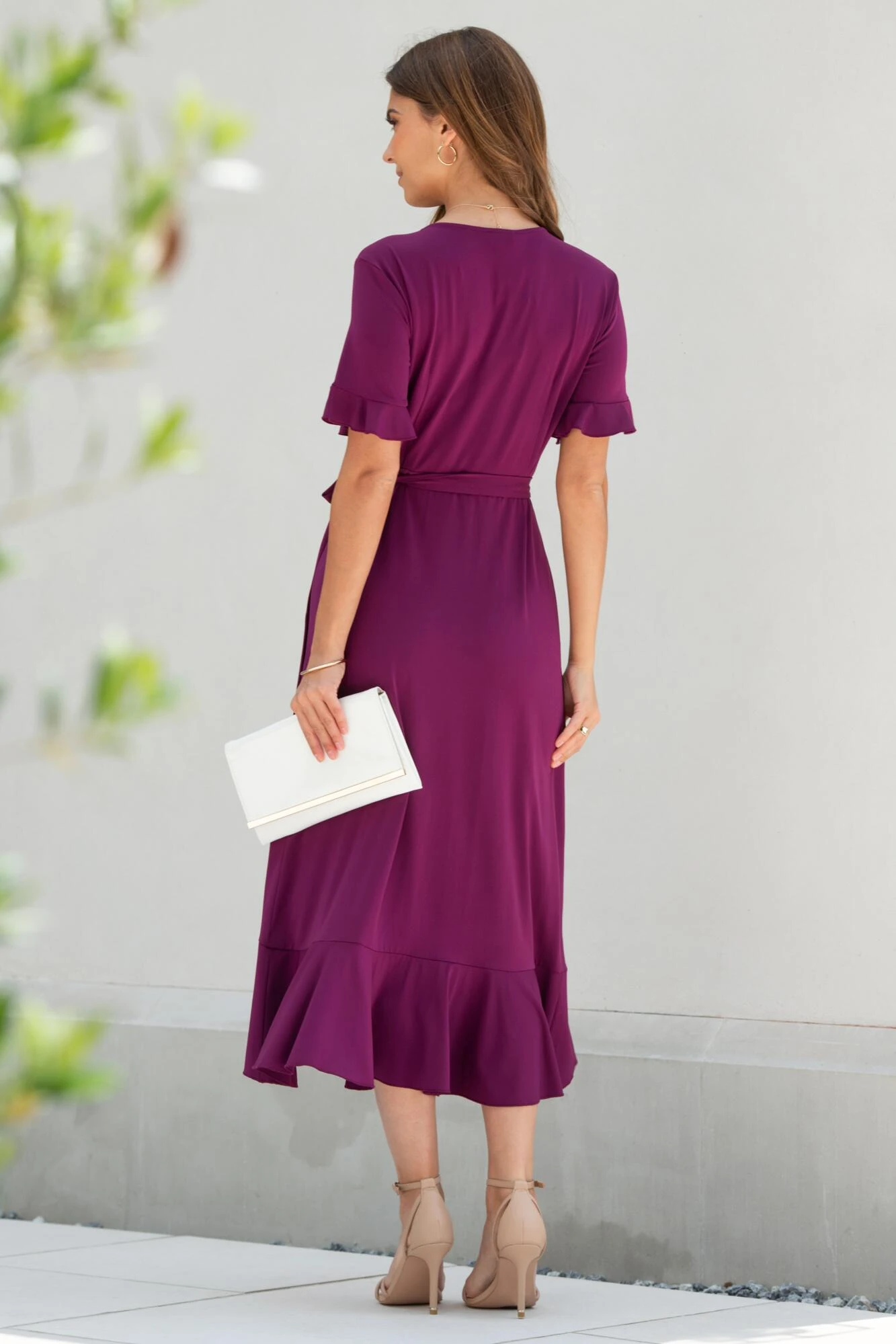 Pour Moi Megan Slinky Jersey Frill Detail Midi Wrap Dress - Grape 6 Pour Moi Megan Slinky Jersey Frill Detail Midi Wrap Dress - Grape - Image 4