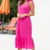 Pour Moi Laura Pique Tie Strap Tiered Midi Dress - Hot Pink -PMoi Clothing Shop 319850 20230731135100
