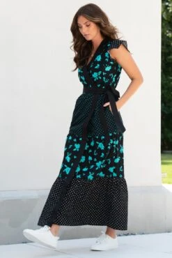 Pour Moi Esme Cotton Poplin Fluted Sleeve Wrap Maxi Dress - Black Multi -PMoi Clothing Shop 319855 20230731142600