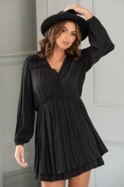 Pour Moi Kate Woven Viscose Button Detail Long Sleeve Dress - Black -PMoi Clothing Shop 319887 20230801122100