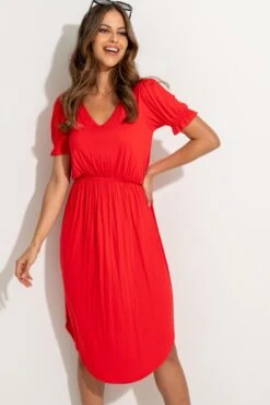 Pour Moi Jenny Puff Sleeve Stretch Midi Dress - Red -PMoi Clothing Shop 320562 20230818144200