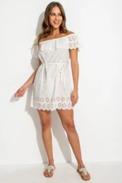 Pour Moi Cotton Broderie Bardot Mini Beach Dress - White