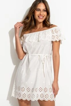 Pour Moi Cotton Broderie Bardot Mini Beach Dress - White -PMoi Clothing Shop 320567 20230818155000