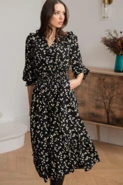 Pour Moi Maggie Woven Frill Midi Dress - Black Ditsy -PMoi Clothing Shop 323316 20230919164200