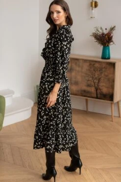 Pour Moi Maggie Woven Frill Midi Dress - Black Ditsy -PMoi Clothing Shop 323318 20230919164200